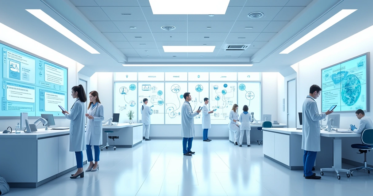 Fluxo de dados em clínica médica com IA e médicos no ambiente 
