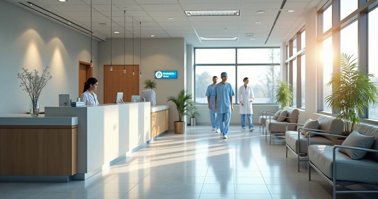 Recepção moderna de clínica médica com sinalização para área de internação 