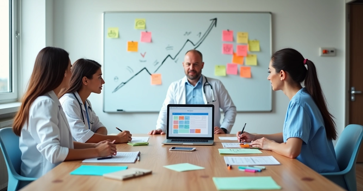 Equipe de clínica médica reunida planejando marketing com post-its coloridos 