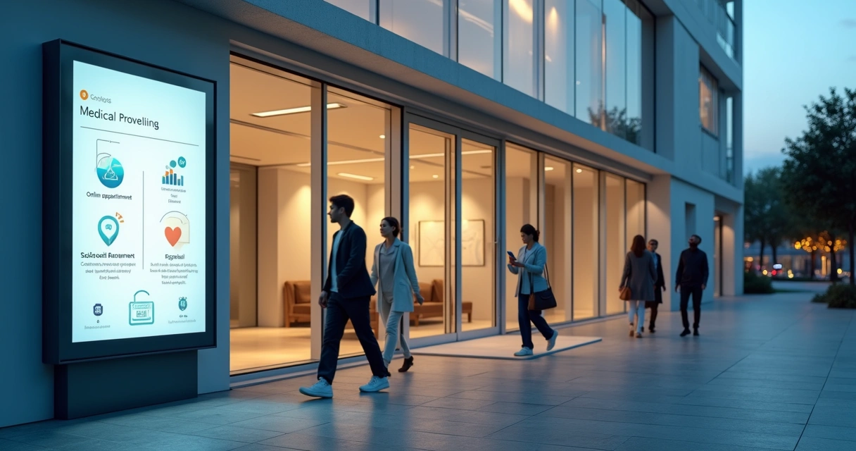Fachada de clínica moderna com letreiro digital exibindo agendamento online 