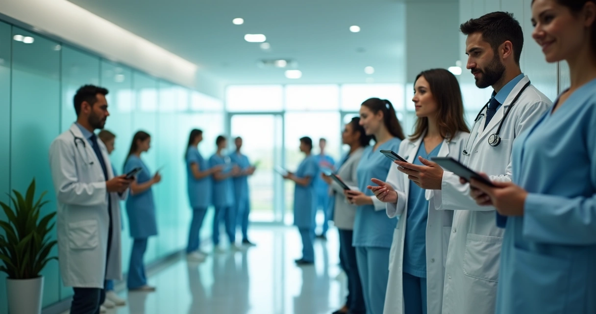 Equipe médica moderna usando tablets na recepção da clínica 