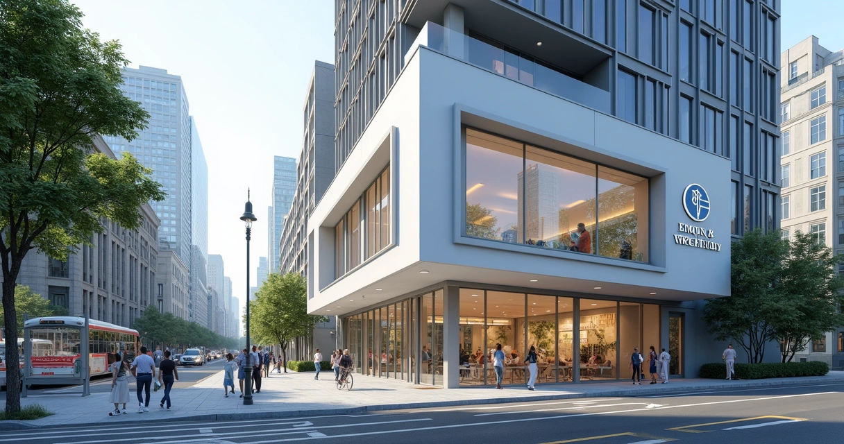 Fachada de clínica médica situada em grande avenida movimentada 