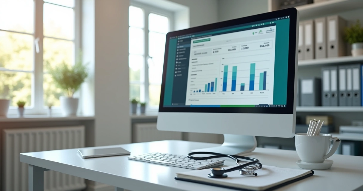 Consultório médico moderno com computador e organização financeira 