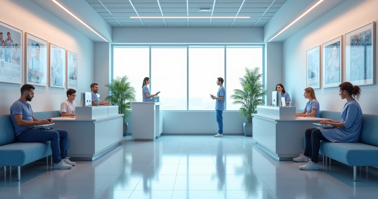 Recepção de clínica médica com pacientes aguardando atendimento 