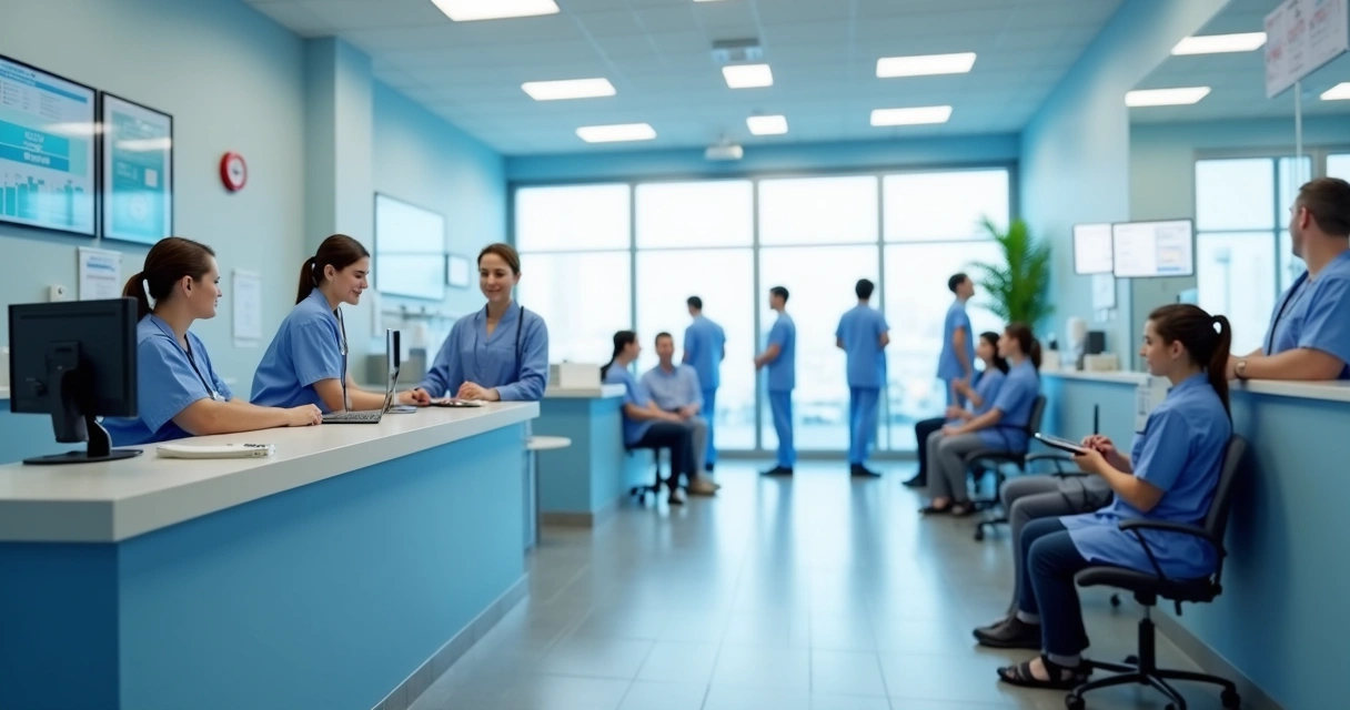Recepção clínica médica movimentada com atendentes e pacientes 
