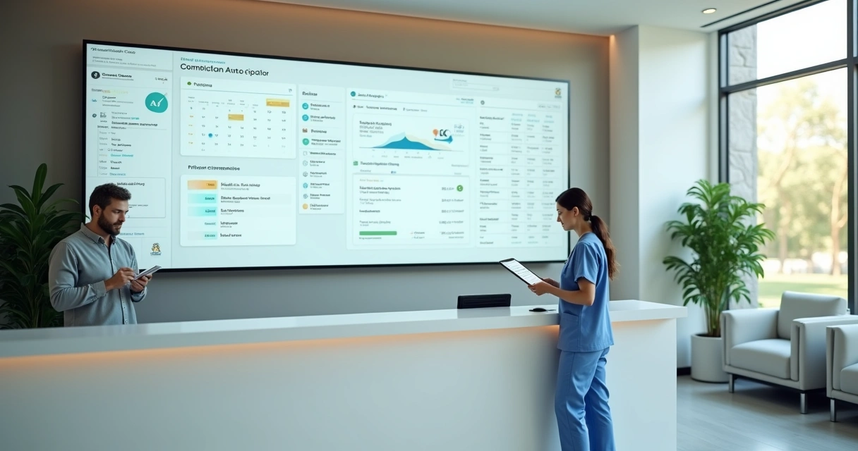 Recepção de clínica médica usando sistema digital em tela grande 