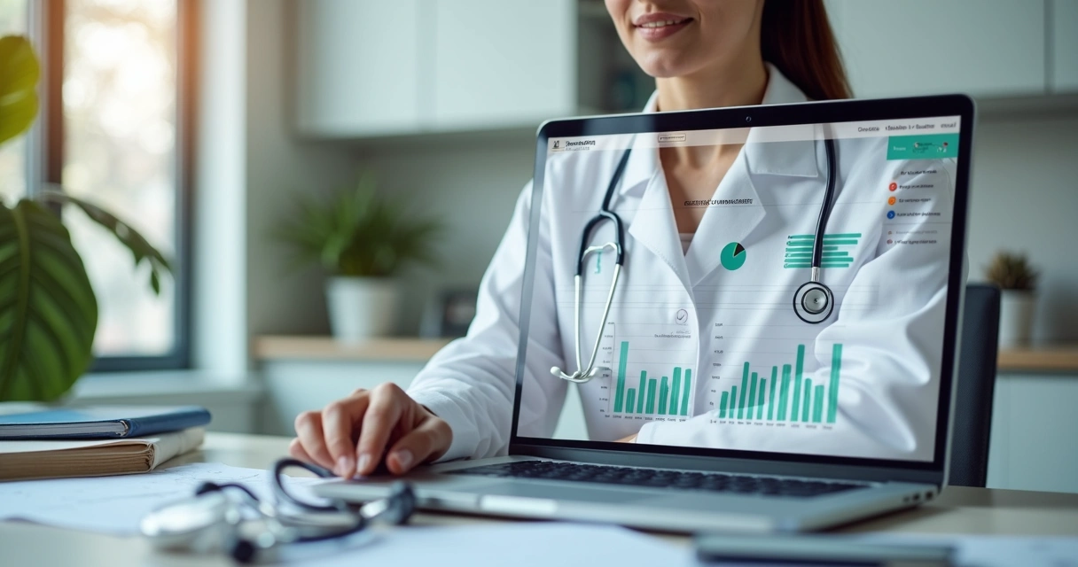 Gestor de clínica médica analisando software de controle bancário.