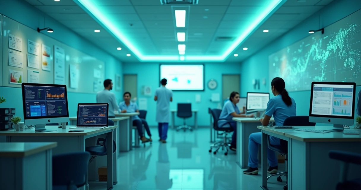 Computador com software de gestão financeira e celular com aplicativo de fluxo de caixa em clínica médica.