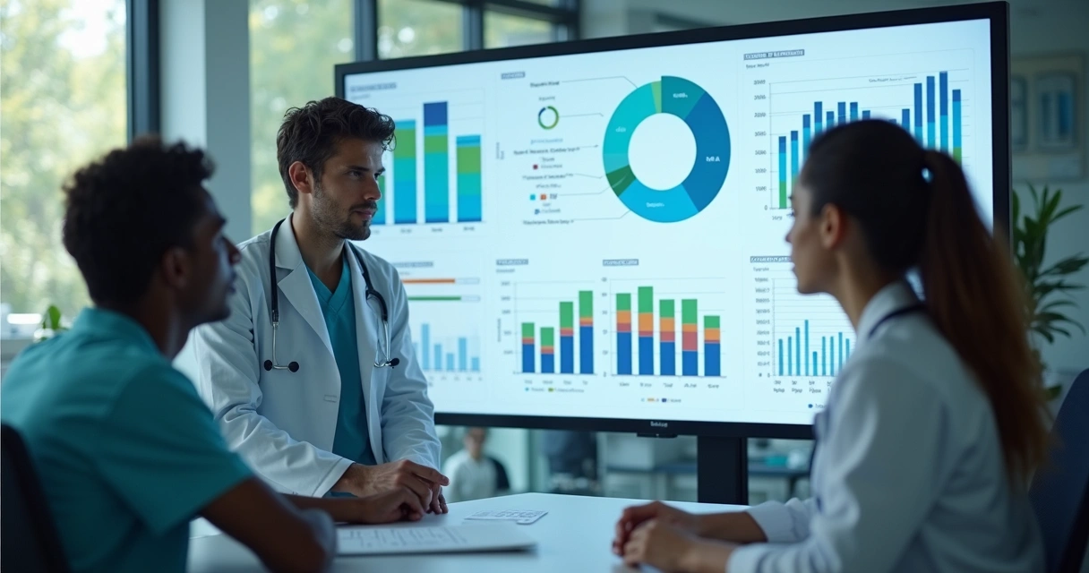 Equipe médica analisa tela de computador com gráficos de IA