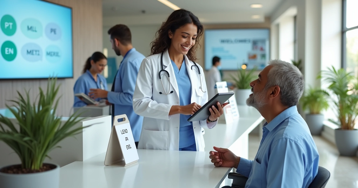 Equipe médica atendendo paciente em clínica com bandeiras de diferentes países ao fundo 
