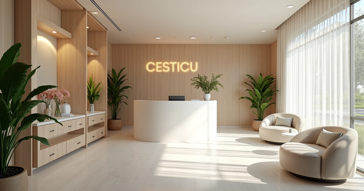 Ambiente moderno de clínica de estética em Salvador, com mobiliário claro e plantas 