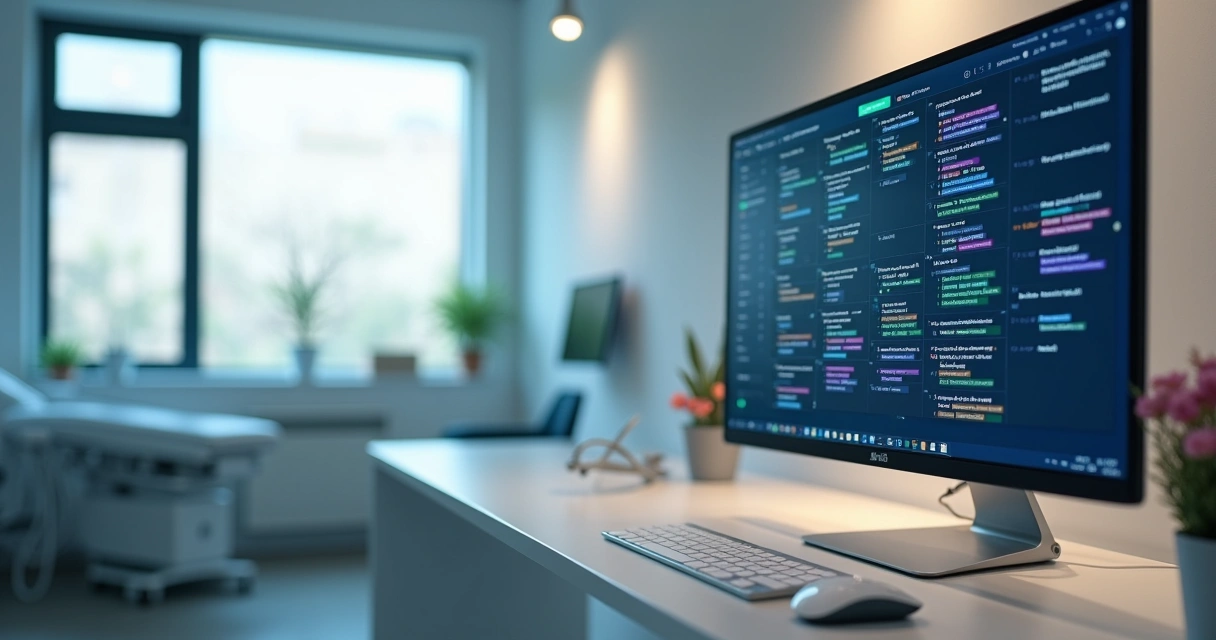 Sala de clínica moderna com computador aberto exibindo uma agenda digital 