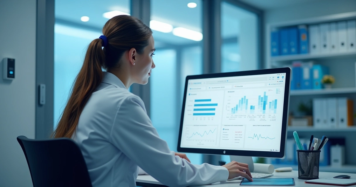 Profissional da saúde usando computador em clínica moderna com gráficos financeiros na tela 