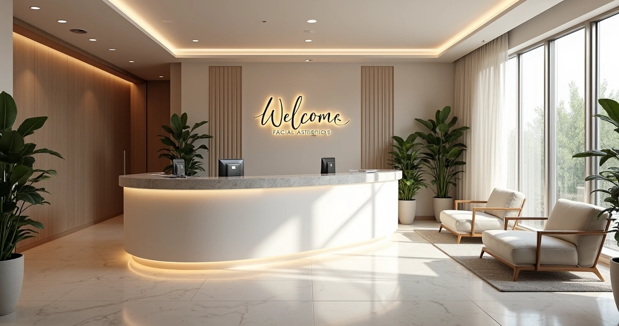 Ambiente de clínica estética em Salvador com recepção sofisticada, decoração neutra e plantas 