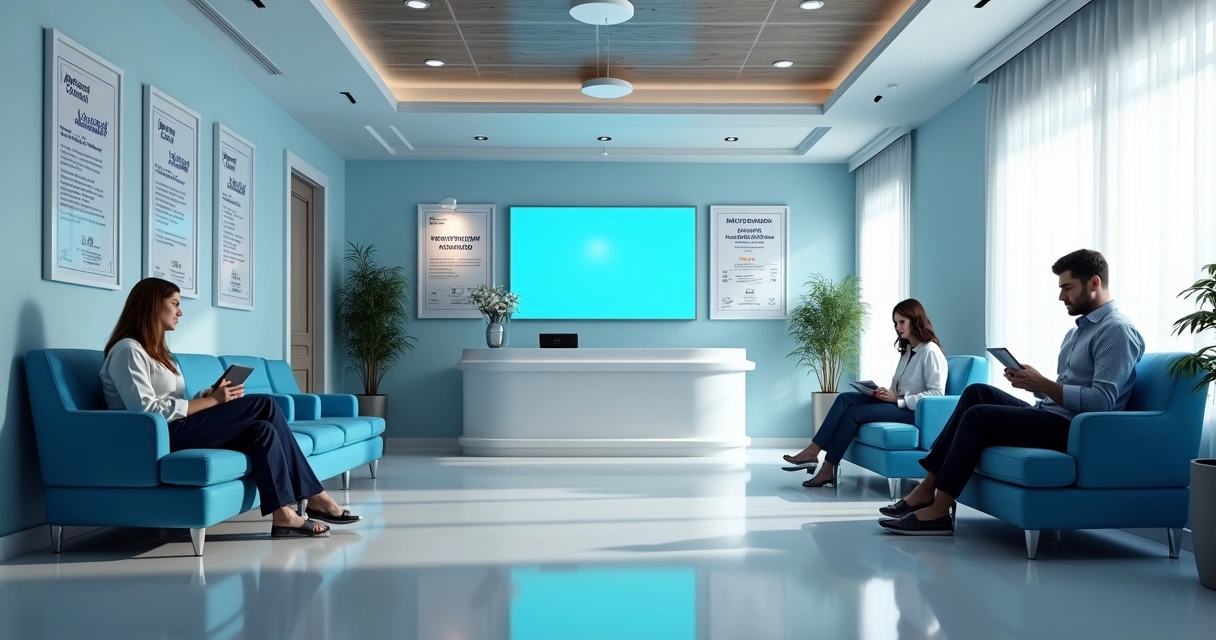 Sala de espera de clínica odontológica moderna com materiais de divulgação visíveis