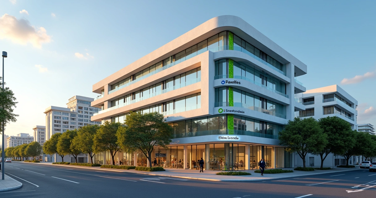 Fachada de clínica moderna em avenida de Paulínia com prédios comerciais ao fundo 