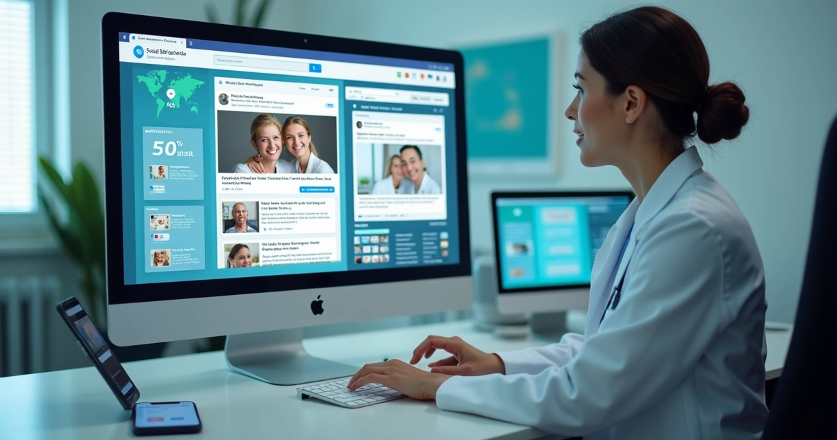 Consultório moderno com tela mostrando anúncios do Google e Instagram 