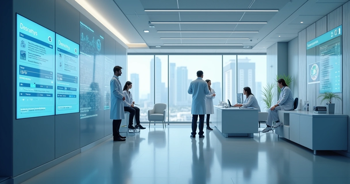 Ambiente de clínica médica moderna usando interface digital interativa