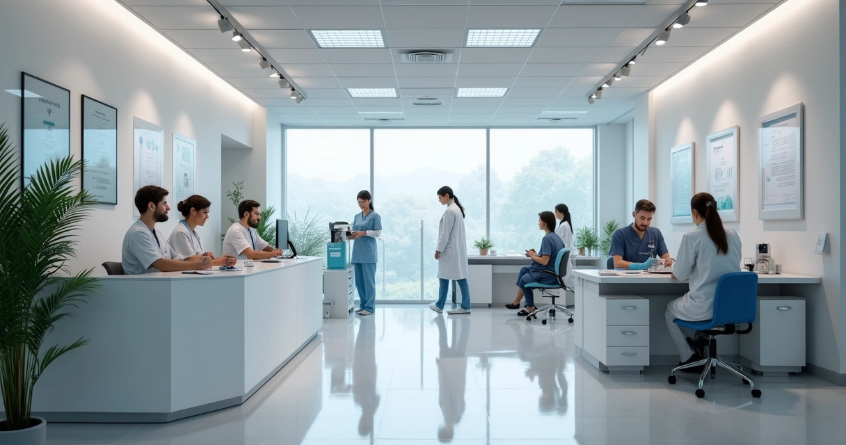 Ambiente interno de uma clínica multidisciplinar moderna, vista ampla de recepção, consultórios e diferentes profissionais atuando 