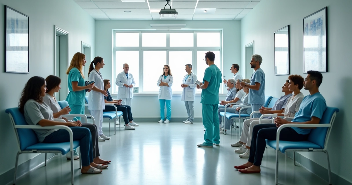 Profissionais de saúde diversos em uma clínica durante atendimento multidisciplinar 