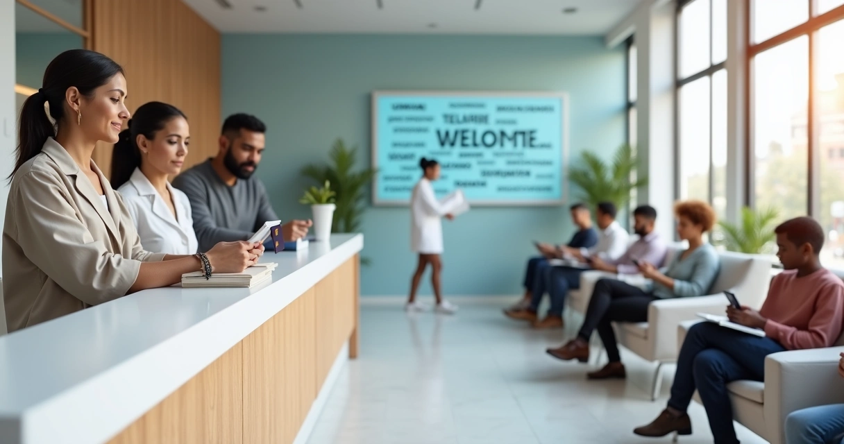 Recepcionista de clínica ajudando imigrantes com tablets de tradução na recepção 
