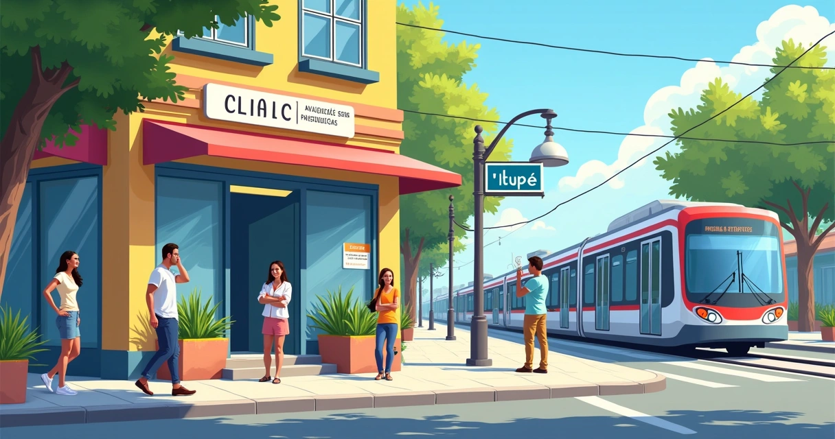 Ilustração de uma clínica acolhedora perto da estação de metrô Tatuapé com um ambiente amigável e ensolarado.