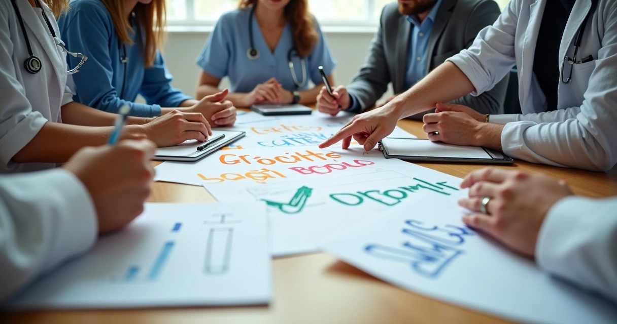 Mesa com equipe analisando opções de nomes para clínica de saúde, papéis coloridos e notebook aberto