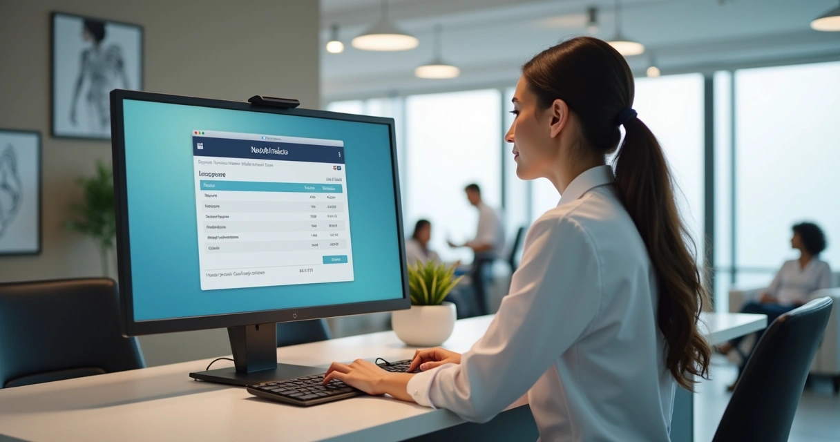 Recepcionista de clínica médica utilizando computador para emissão de nota fiscal digital 