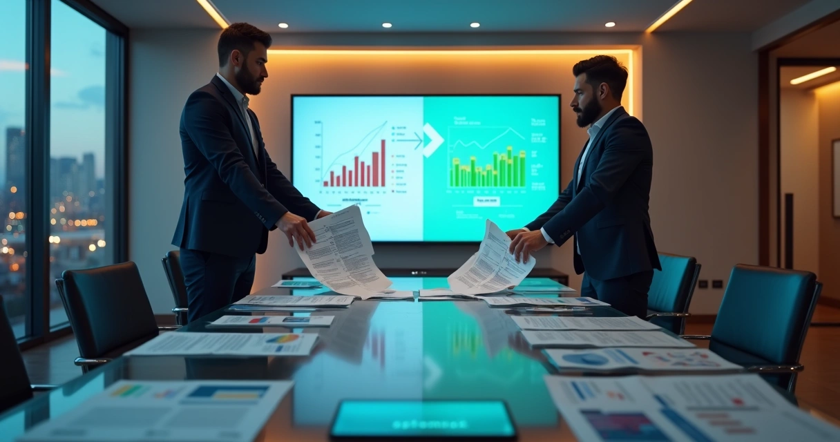 Gestor de clínica odontológica rasgando relatório impresso ao lado de painel digital com métricas em queda 