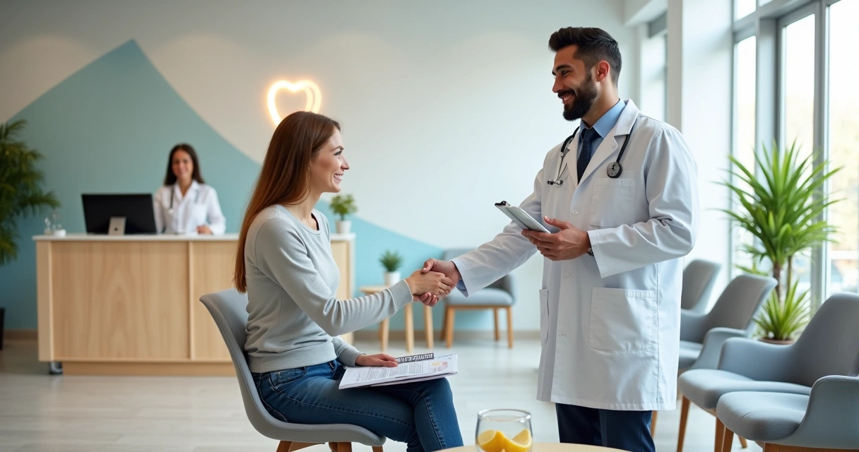 Dentista cumprimentando paciente na recepção de clínica odontológica acolhedora 