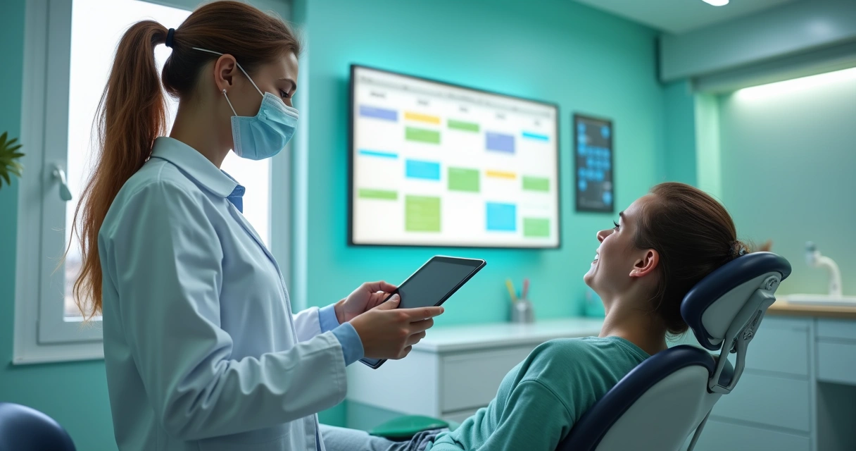 Dentista usando agenda digital para marcar consulta odontológica 