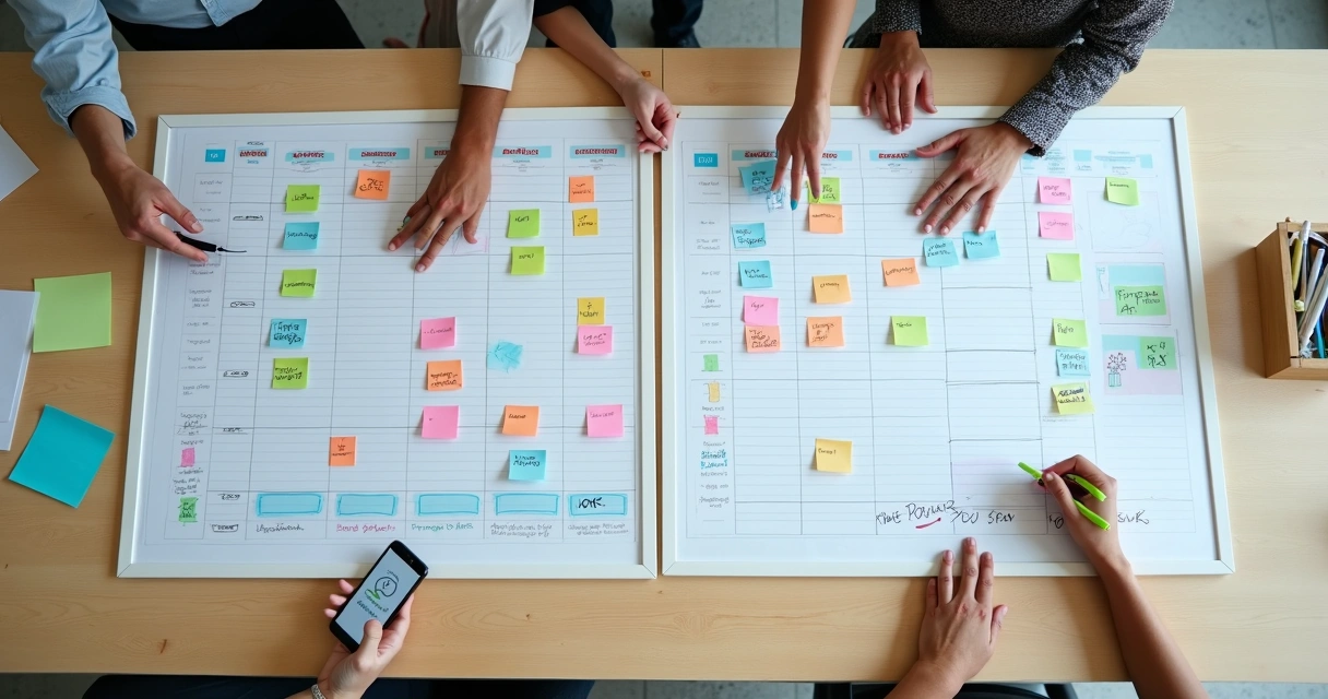 Vista superior de quadros brancos com agenda odontológica organizada sem conflitos de horário 