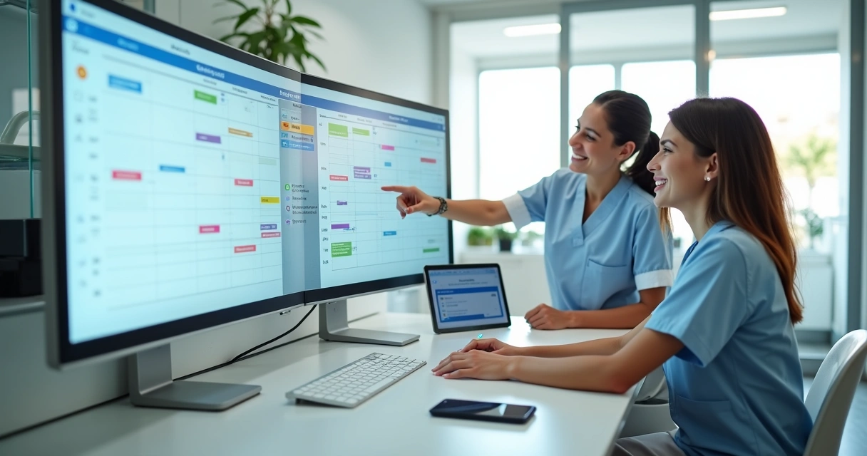 Dentista e recepcionista acompanhando agenda odontológica automatizada em tela de computador 