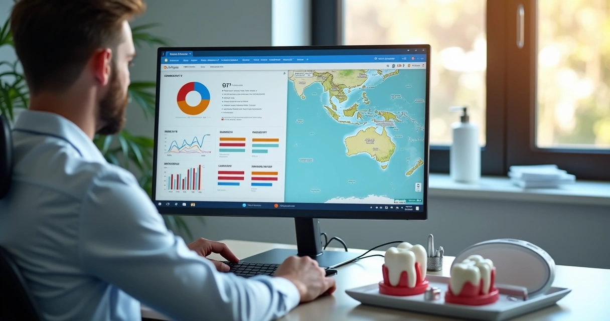 Consultor de marketing digital analisando anúncios para clínica odontológica no computador 