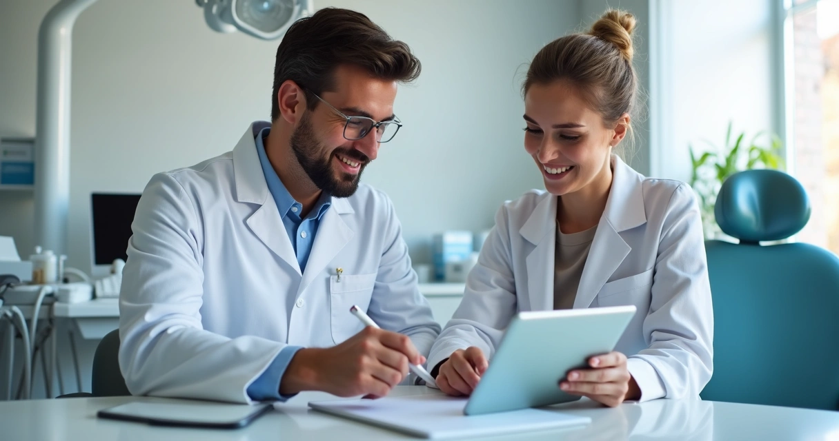 Dentista e paciente usando tablet para assinar contrato digital na clínica 