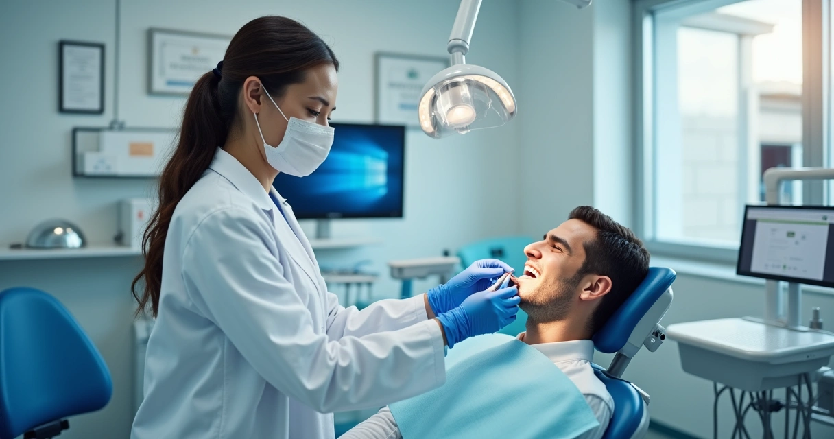 Dentista atendendo paciente em clínica odontológica