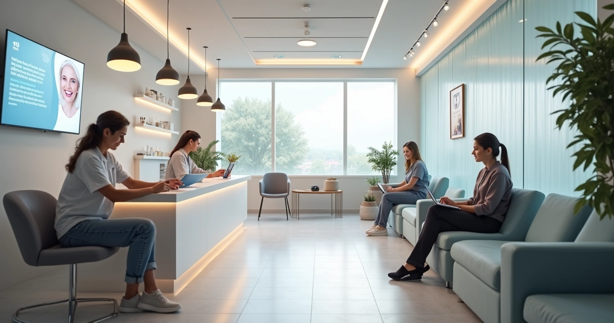 Sala de recepção de clínica odontológica moderna com pacientes esperando.