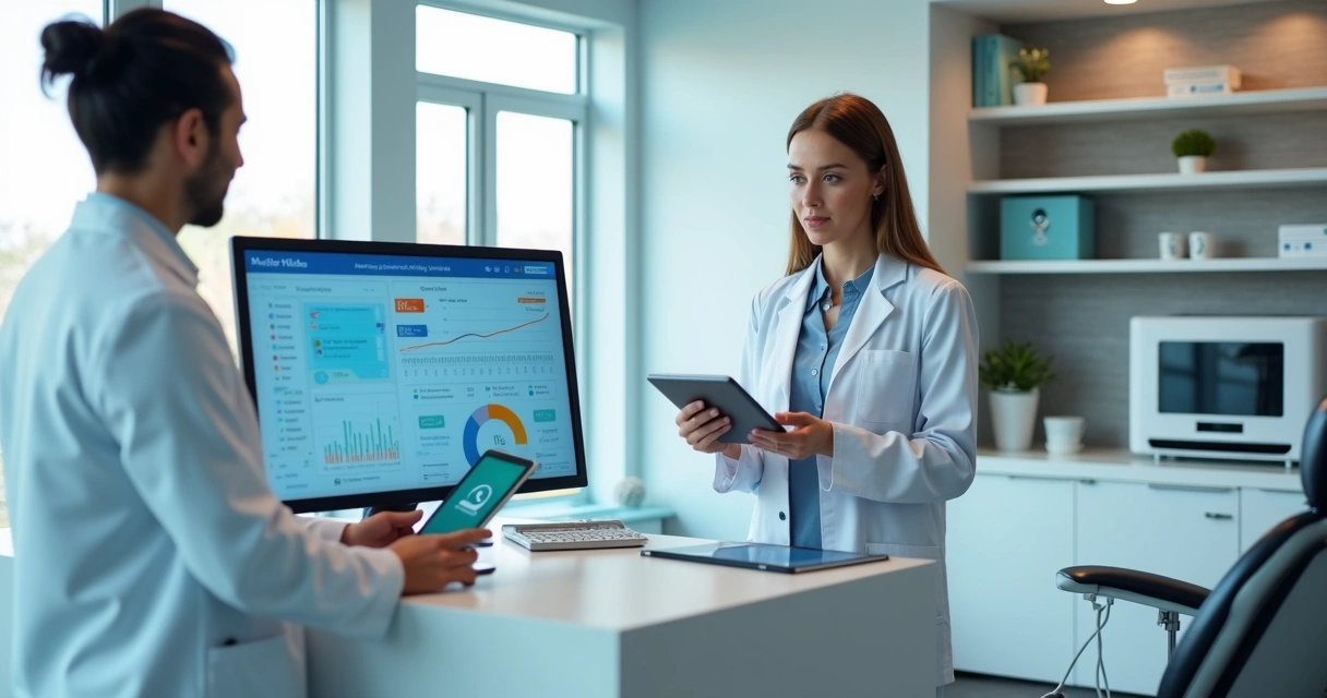 Equipe de clínica odontológica usando painel digital e tablet para gestão automatizada 