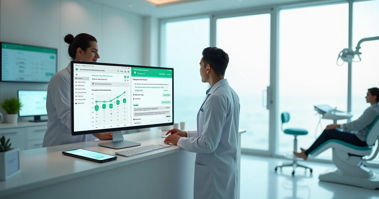 Dentista analisando agenda digital com lembretes automáticos para reduzir no-show 