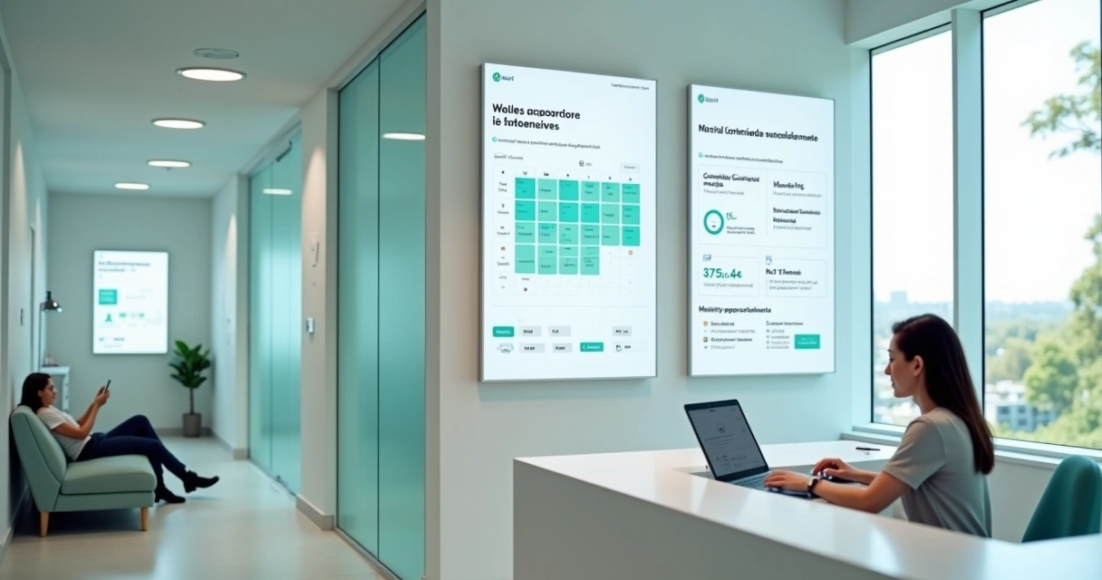 Recepção de clínica odontológica com sistemas automatizados em grandes telas digitais 