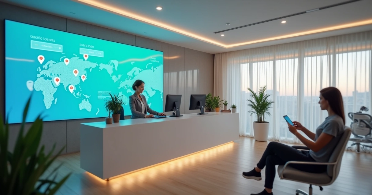 Recepção de clínica odontológica em Boa Vista com painel de marketing digital na parede 