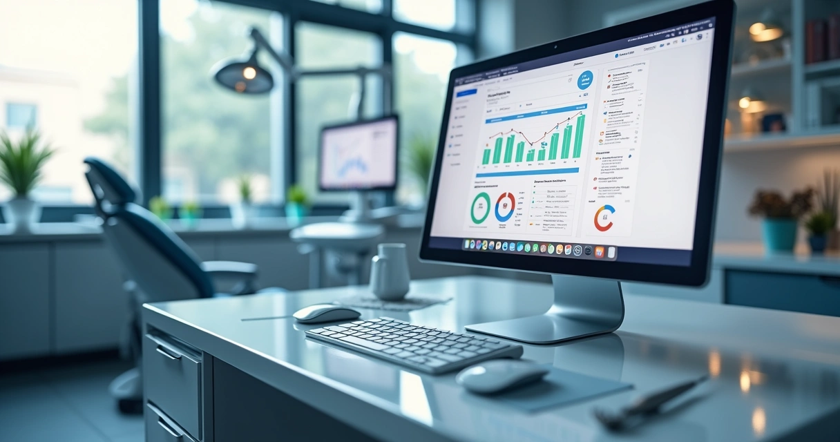 Consultório odontológico moderno e digital, tela ao fundo mostrando gráficos de busca por IA e dados estruturados no computador 