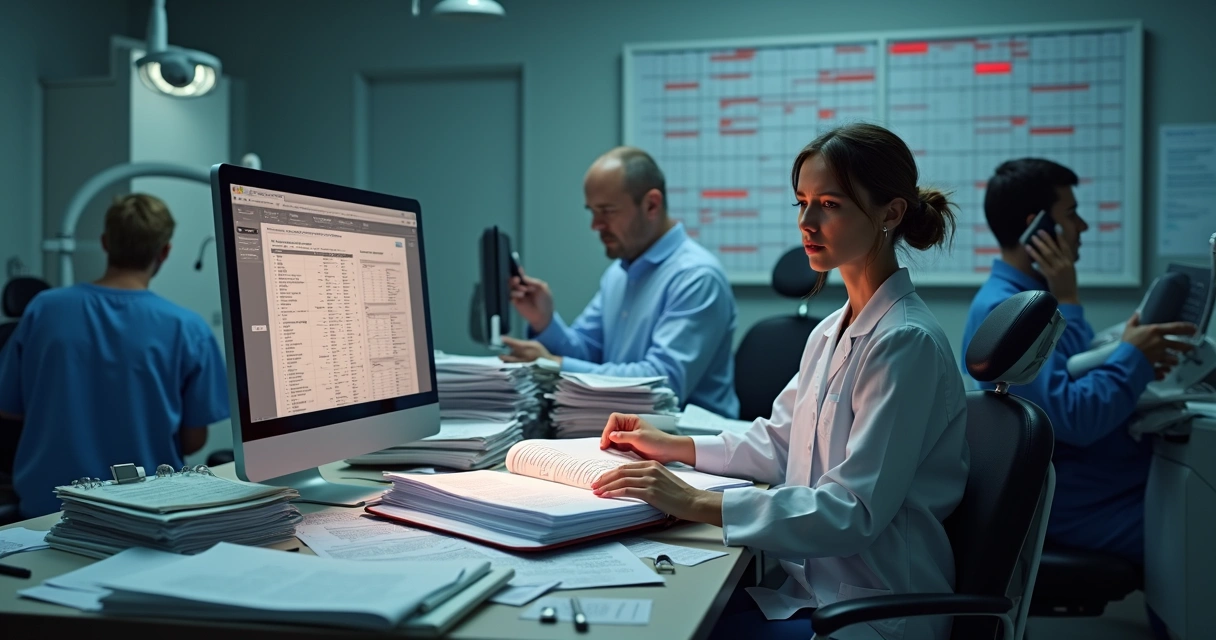 Consultório odontológico com papéis amontoados, agenda confusa e computador mostrando notificações atrasadas 