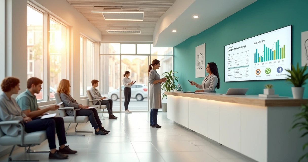 Recepção de clínica odontológica moderna com pacientes chegando e check-in digital 