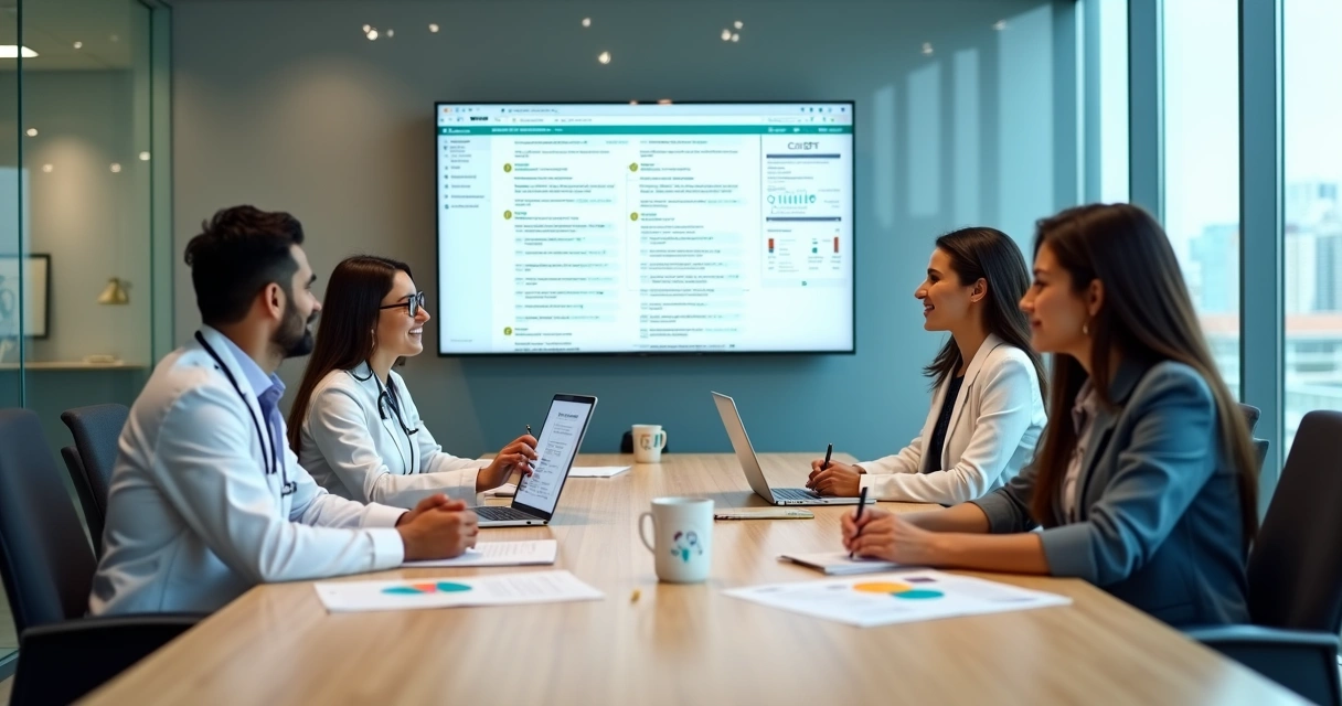 Equipe de clínica odontológica reunida em torno de tela com interface do ChatGPT planejando ações de marketing 