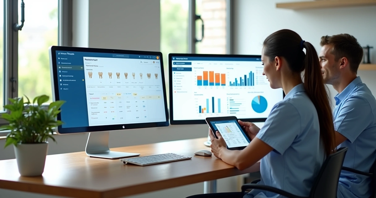 Tela de computador mostrando dois sistemas odontológicos lado a lado em um consultório moderno 