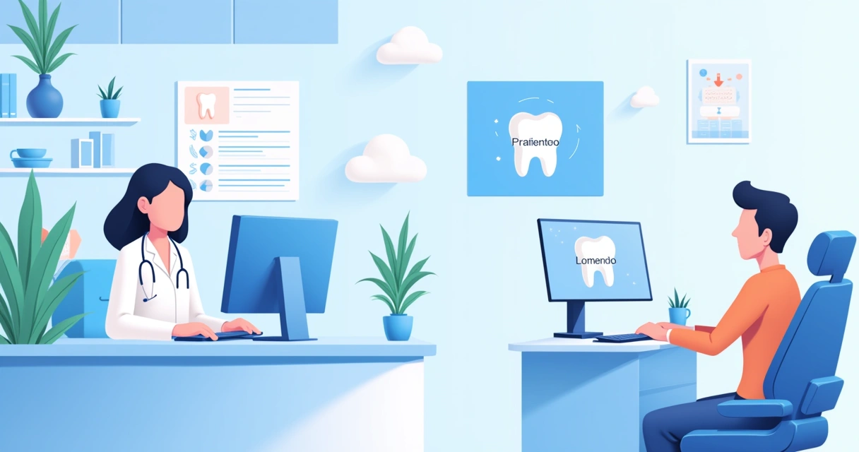Clínica odontológica moderna com recepcionista e dentista, destacando automação e comunicação eficientes.