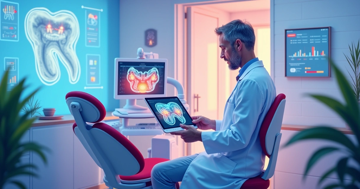 Clínica odontológica moderna utilizando IA para diagnósticos precisos e atendimento personalizado.