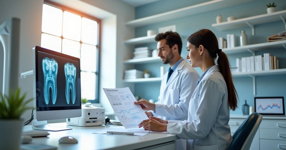 Consultório odontológico moderno com profissionais analisando gráficos e documentos 