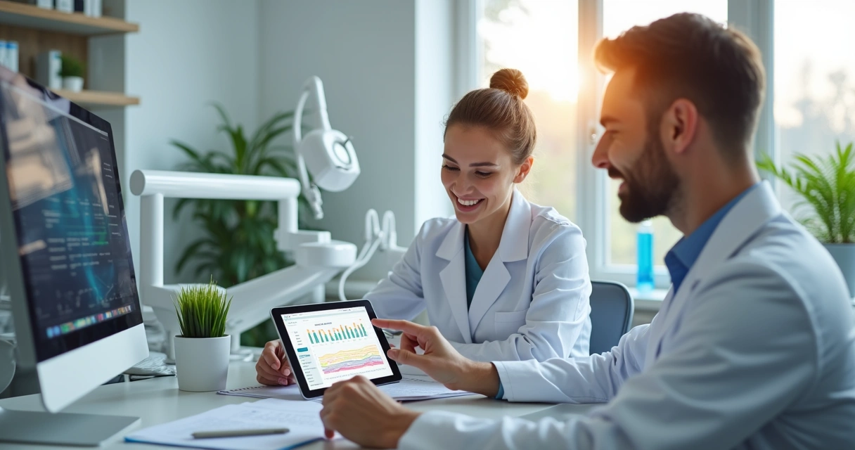 Dentista e assistente analisando fluxo de caixa em tablet em clínica odontológica moderna 
